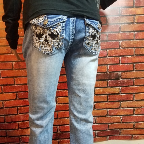 Boot Cut Embroidered Skull Biker Jeans - Picture 2 of 8